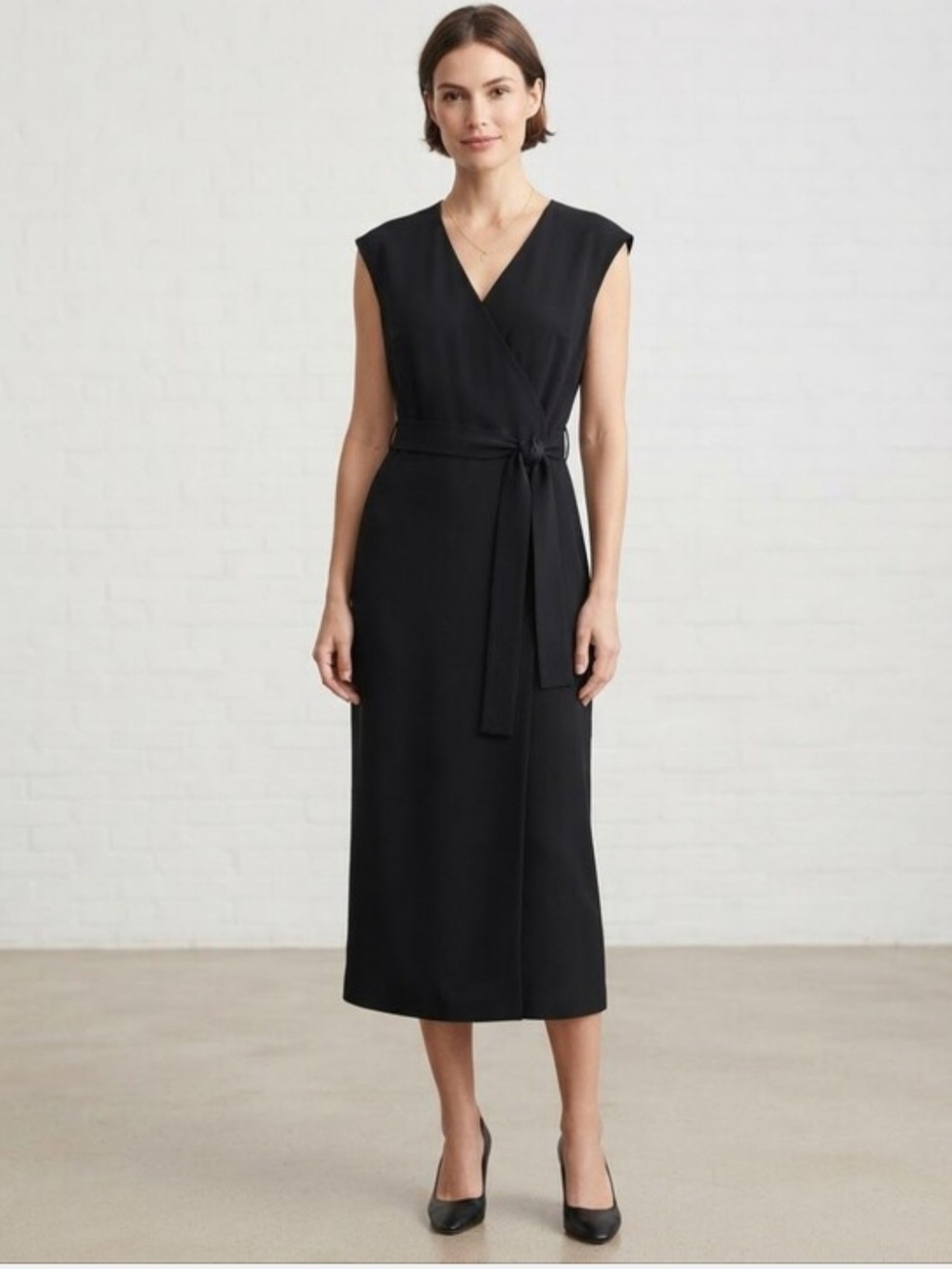 Everlane Classic Navy Blue Wrap Midi Dress with Tie Waist